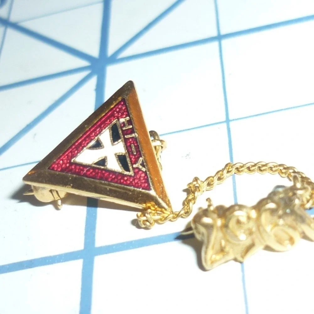 Vintage 1957 Triangle Sorority Fraternity Enamel Lapel Pin Guard Chain Gold Tone